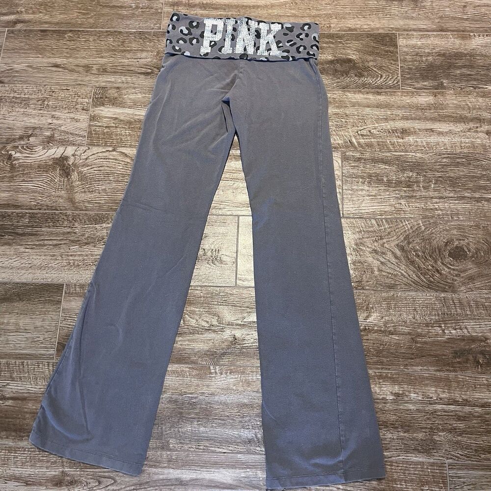 Vintage Victoria's Secret PINK VS Foldover Yoga Pants Flare Gray Leopard S Bling